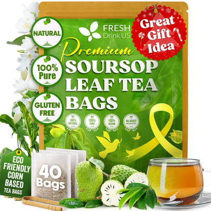 40 Premium Soursop Graviola Leaf Tea Bags, 100% Natural and Pure from Soursop Leaves, Handmade, Made With Natural Materials-Corn Fiber Tea Bag, Sugar/Caffeine/Gluten Free, Hoja Guanabana Tea by FreshDrinkUS - Natural and Premium Herbal Tea