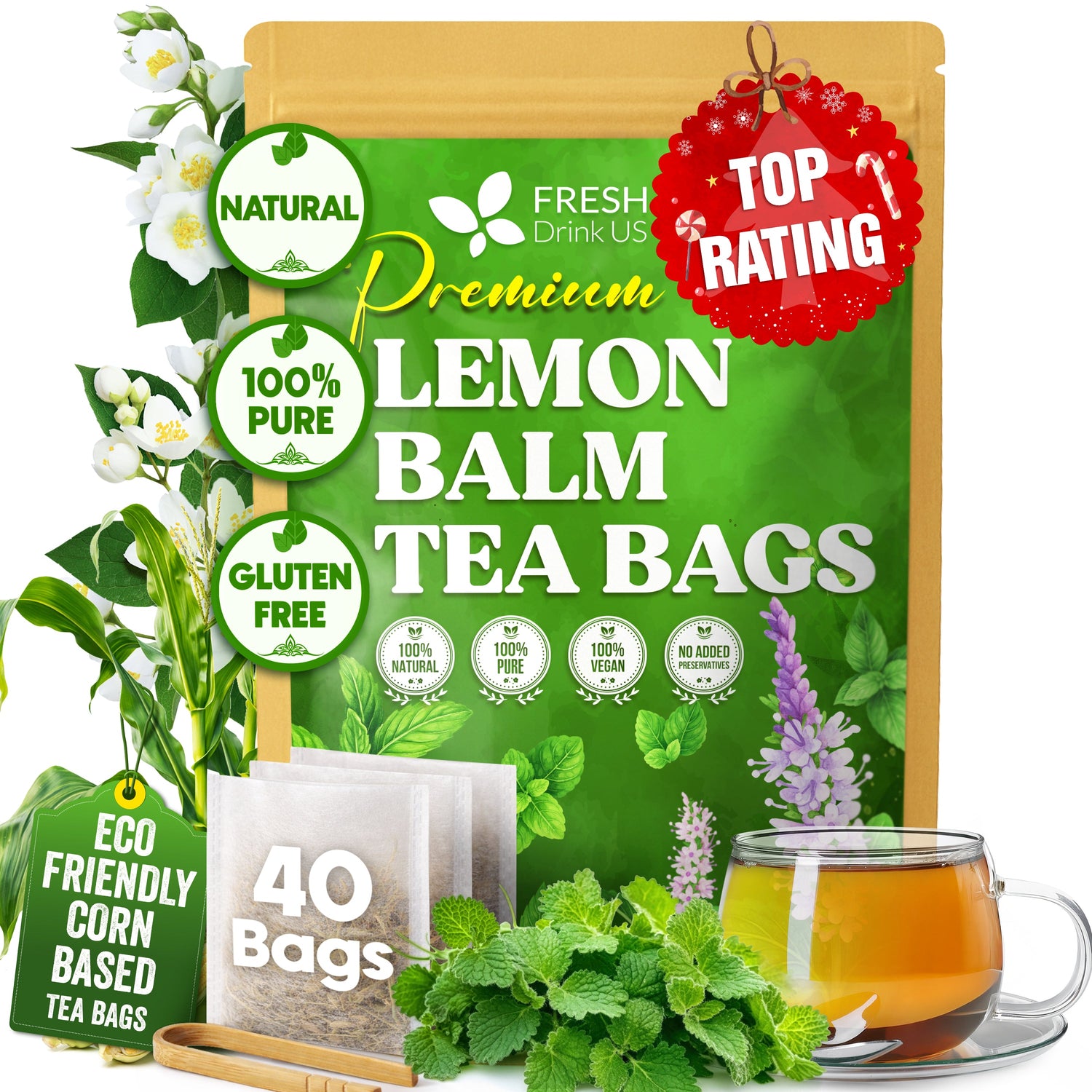 Premium Lemon Balm Leaf Tea Bags, 100% Natural &amp; Pure from Lemon Balm Leaves. Loose Leaf Lemon Balm Herbal Tea. Lemon Balm Leaf Tea. No Sugar, No Caffeine, No Gluten, Vegan. by FreshDrinkUS - Natural and Premium Herbal Tea