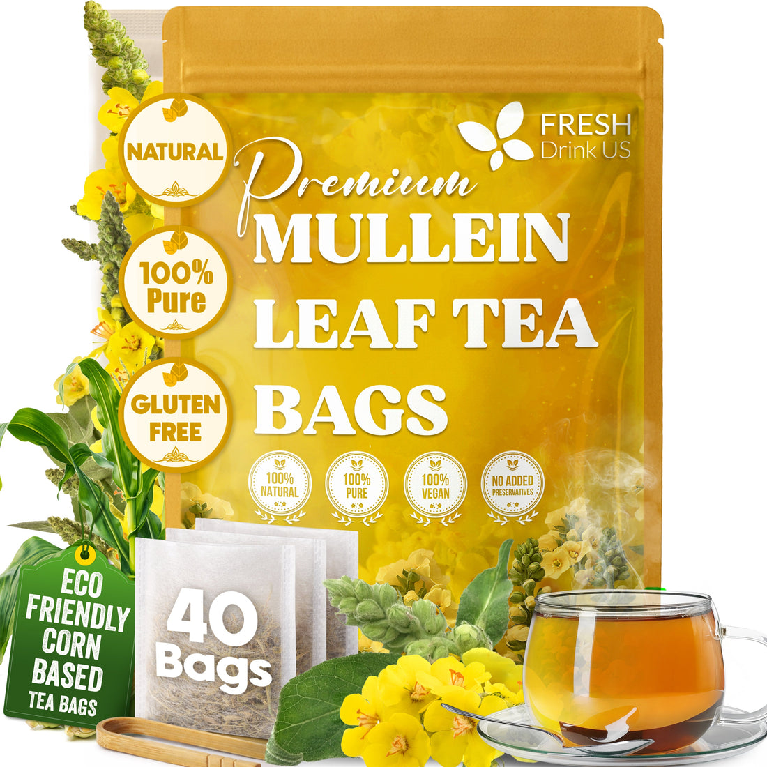 Mullein Leaf Tea Bags, 100% Natural &amp; Pure from Mullein Leaves. Loose Leaf Mullein Herbal Tea. Made with Natural Material Tea Bags. No Sugar, No Caffeine, No Gluten, Vegan. by FreshDrinkUS - Natural and Premium Herbal Tea