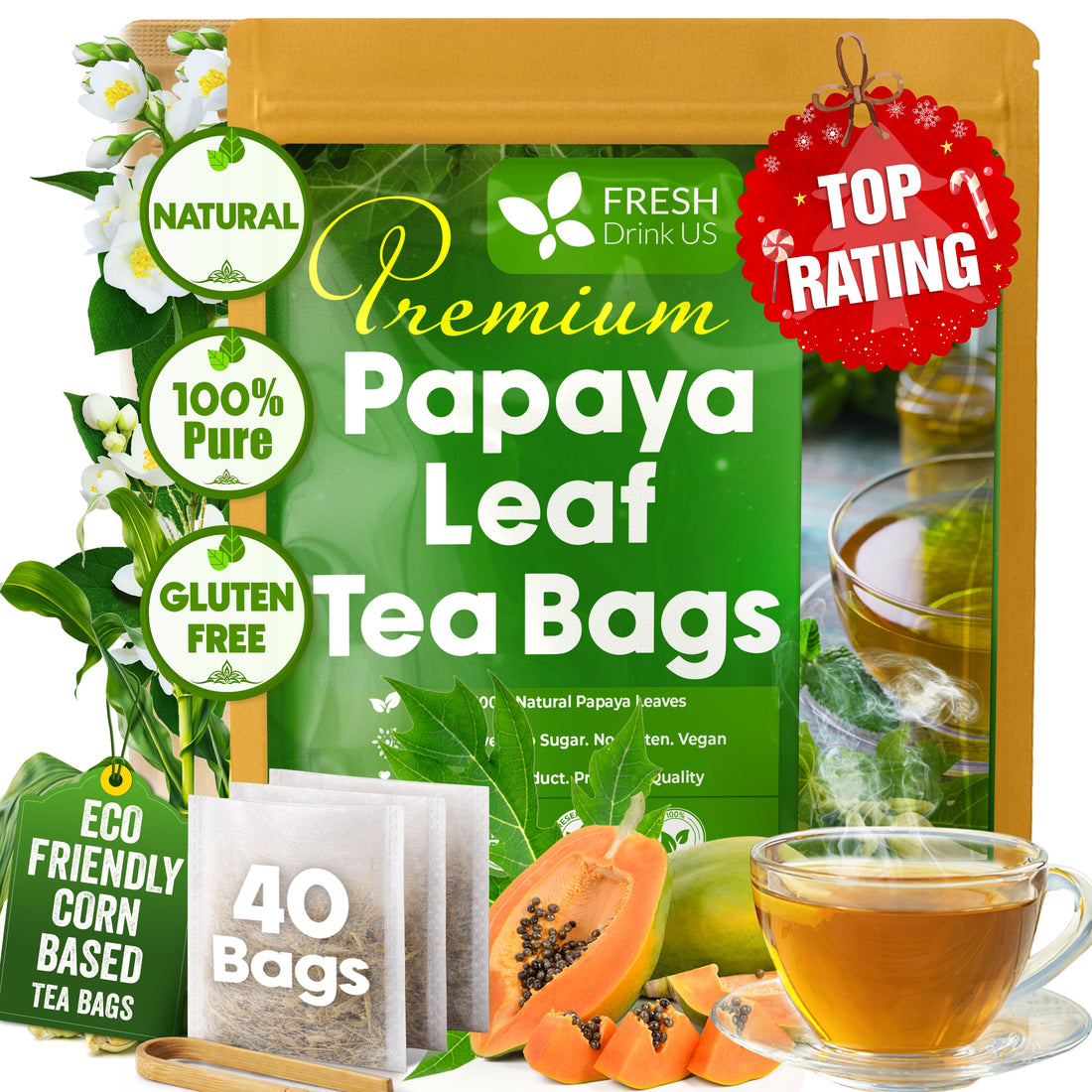 Premium Papaya Leaf Tea Bags, Made with Natural Material Tea Bags. No Sugar, No Caffeine, No Gluten, Vegan. by FreshDrinkUS - Natural and Premium Herbal Tea