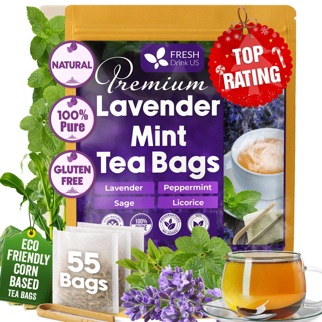 Premium Lavender Mint Tea Bags. 100% Natural, Blend of Lavender, Peppermint, Sage and Licorice. by FreshDrinkUS - Natural and Premium Herbal Tea