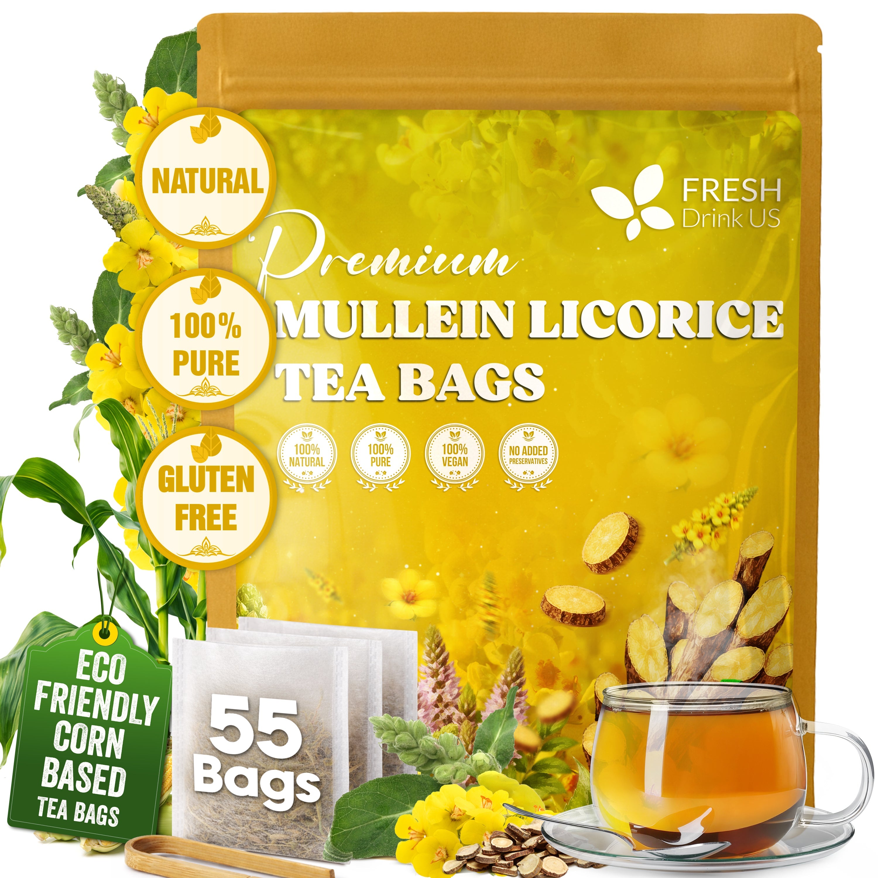Premium Mullein Licorice Tea Bags. 100% Natural, Blend of Mullein Leaves, and Licorice Root. by FreshDrinkUS - Natural and Premium Herbal Tea
