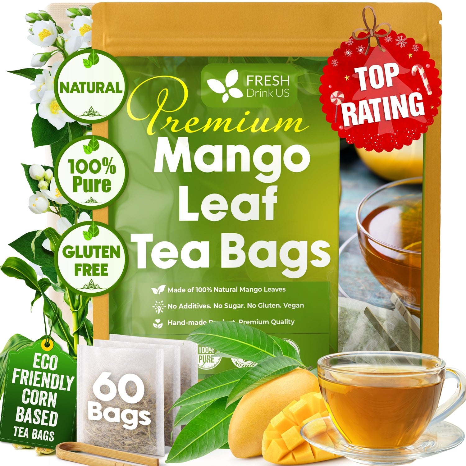 Mango Leaf, Whole Dried Leaves, Tea Bags, Powder, 100% Natural &amp; Pure from Mango Leaves. Mango Dried Leaves. Loose Leaf Mango Herbal Tea. Mango Leaf Tea. No Sugar, No Caffeine, No Gluten, Vegan. by FreshDrinkUS - Natural and Premium Herbal Tea