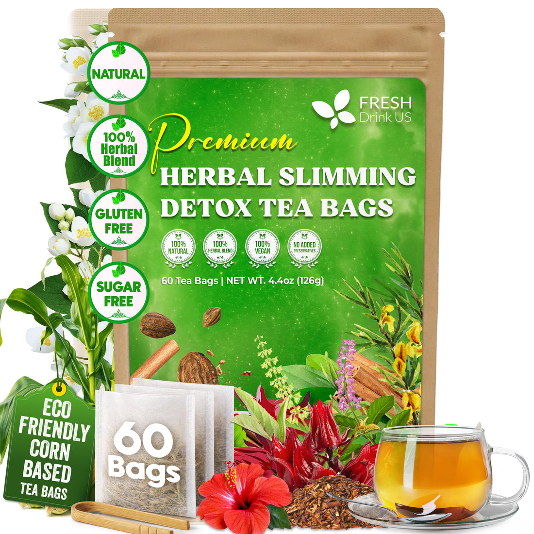 SIimming Detox Tea Caffeine Free - Herbal Tea with Chamomile, Hibiscus Tea &amp; Ginger Root by FreshDrinkUS - Natural and Premium Herbal Tea