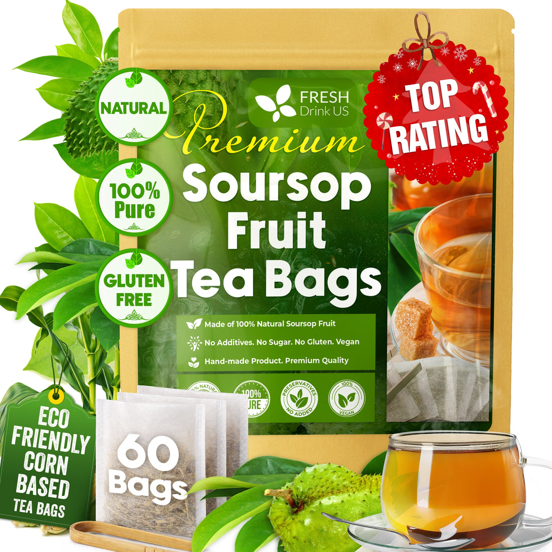 Premium Soursop Graviola Fruit Tea Bags, Tea Powder, 100% Natural and Pure from Soursop Fruits, Handmade, Made With Natural Materials-Corn Fiber Tea Bag, Sugar/Caffeine/Gluten Free, Hoja Guanabana Tea by FreshDrinkUS - Natural and Premium Herbal Tea