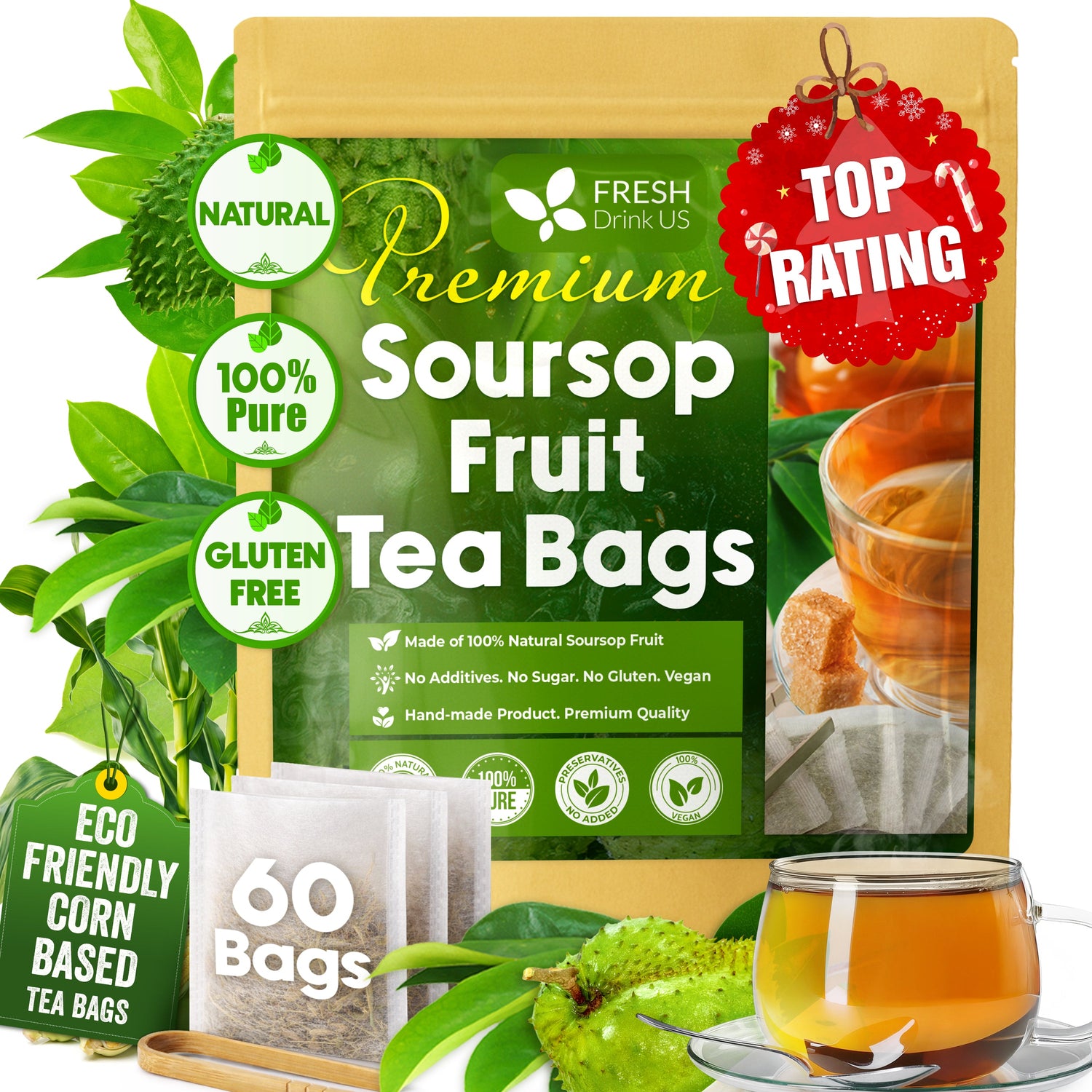 Premium Soursop Graviola Fruit Tea Bags, Tea Powder, 100% Natural and Pure from Soursop Fruits, Handmade, Made With Natural Materials-Corn Fiber Tea Bag, Sugar/Caffeine/Gluten Free, Hoja Guanabana Tea by FreshDrinkUS - Natural and Premium Herbal Tea