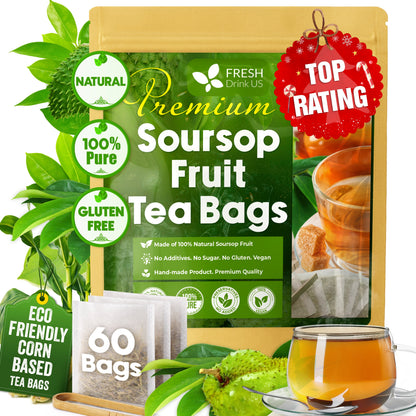 Premium Soursop Graviola Fruit Tea Bags, Tea Powder, 100% Natural and Pure from Soursop Fruits, Handmade, Made With Natural Materials-Corn Fiber Tea Bag, Sugar/Caffeine/Gluten Free, Hoja Guanabana Tea by FreshDrinkUS - Natural and Premium Herbal Tea