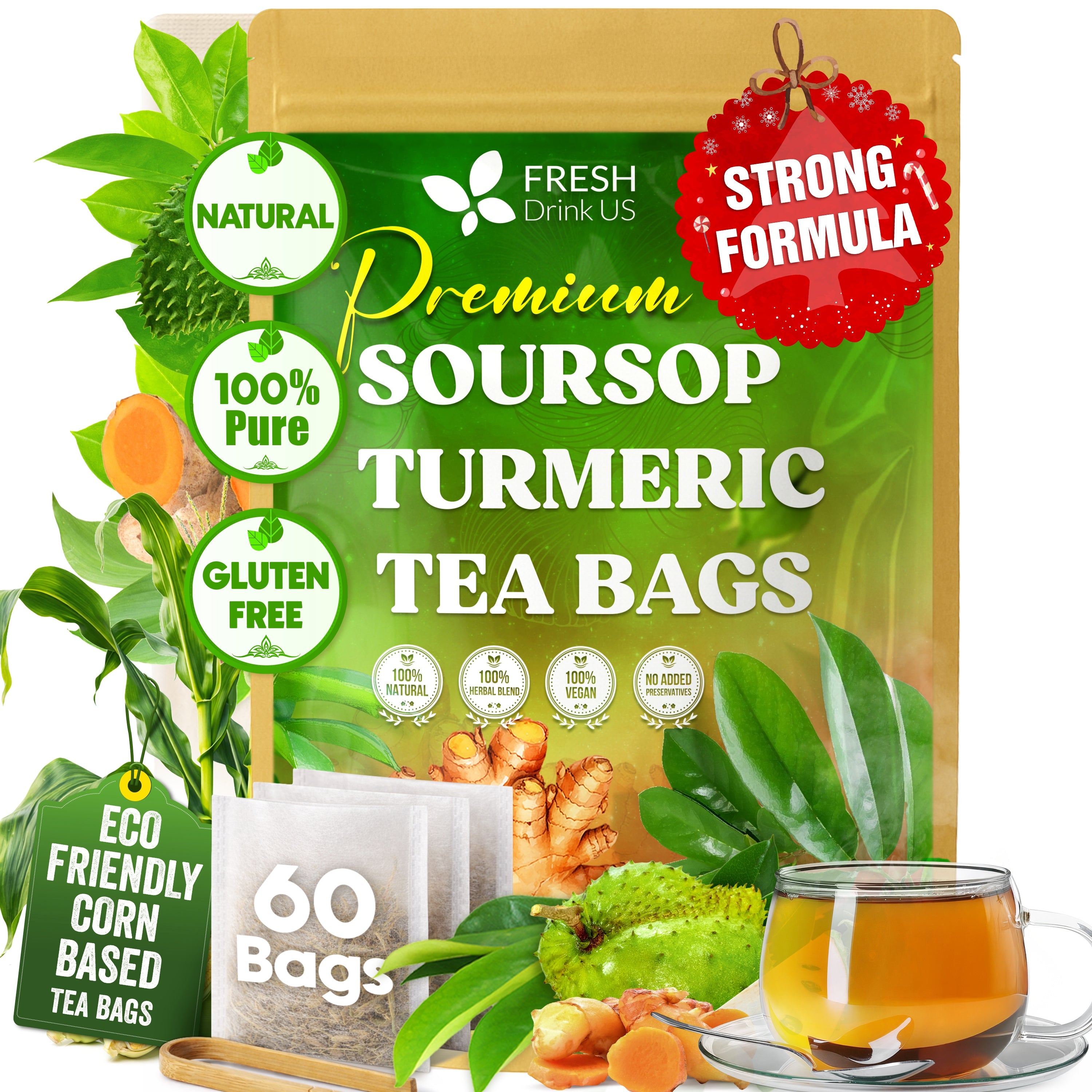 Premium Soursop Turmeric Tea Bags | Blend of Soursop Leaves, and Turmeric Root by FreshDrinkUS - Natural and Premium Herbal Tea