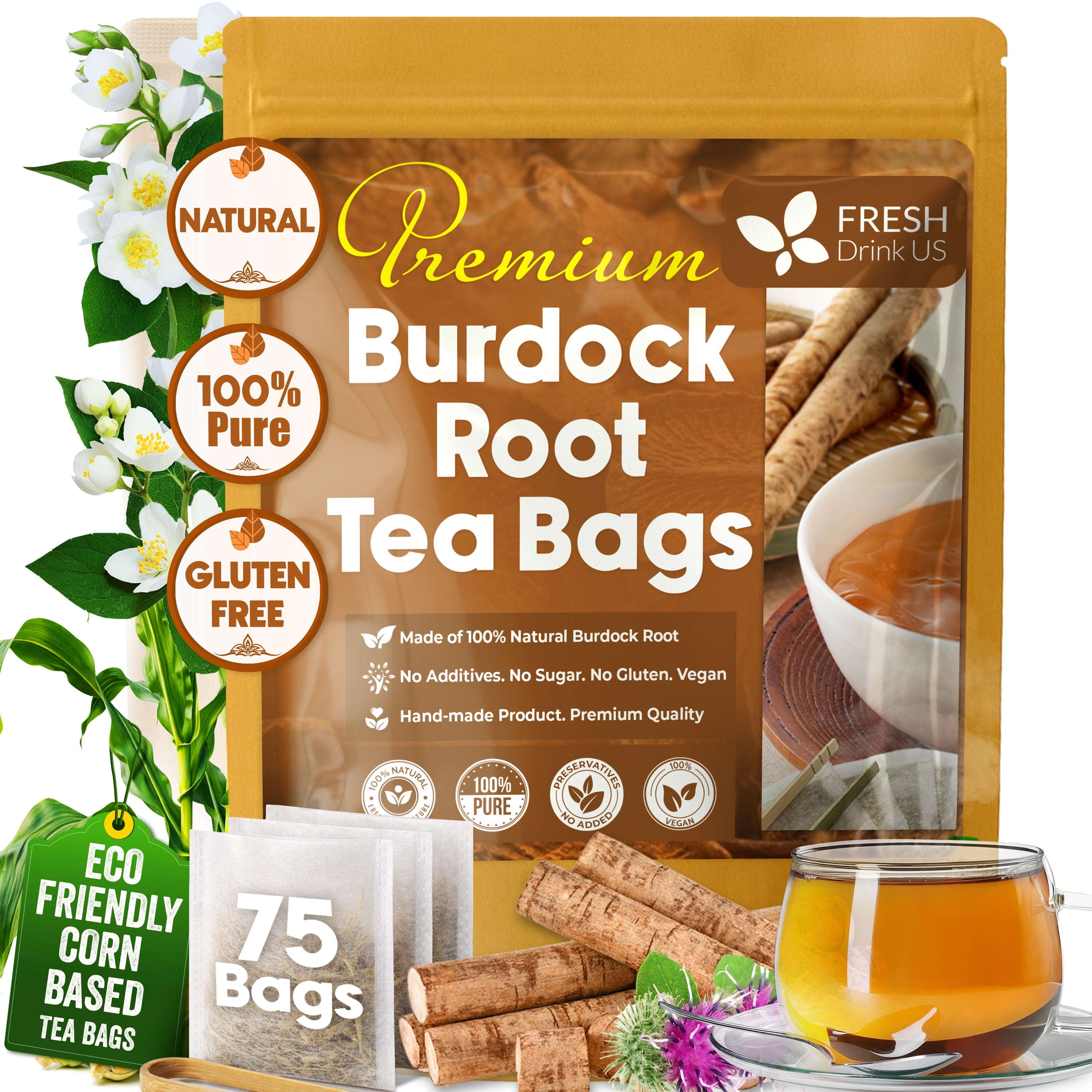 Burdock Root Tea Bags, 100% Natural &amp; Pure from Burdock Root. Burdock Root Herbal Tea. Burdock Root Tea. No Sugar, No Caffeine, No Gluten, Vegan. by FreshDrinkUS - Natural and Premium Herbal Tea