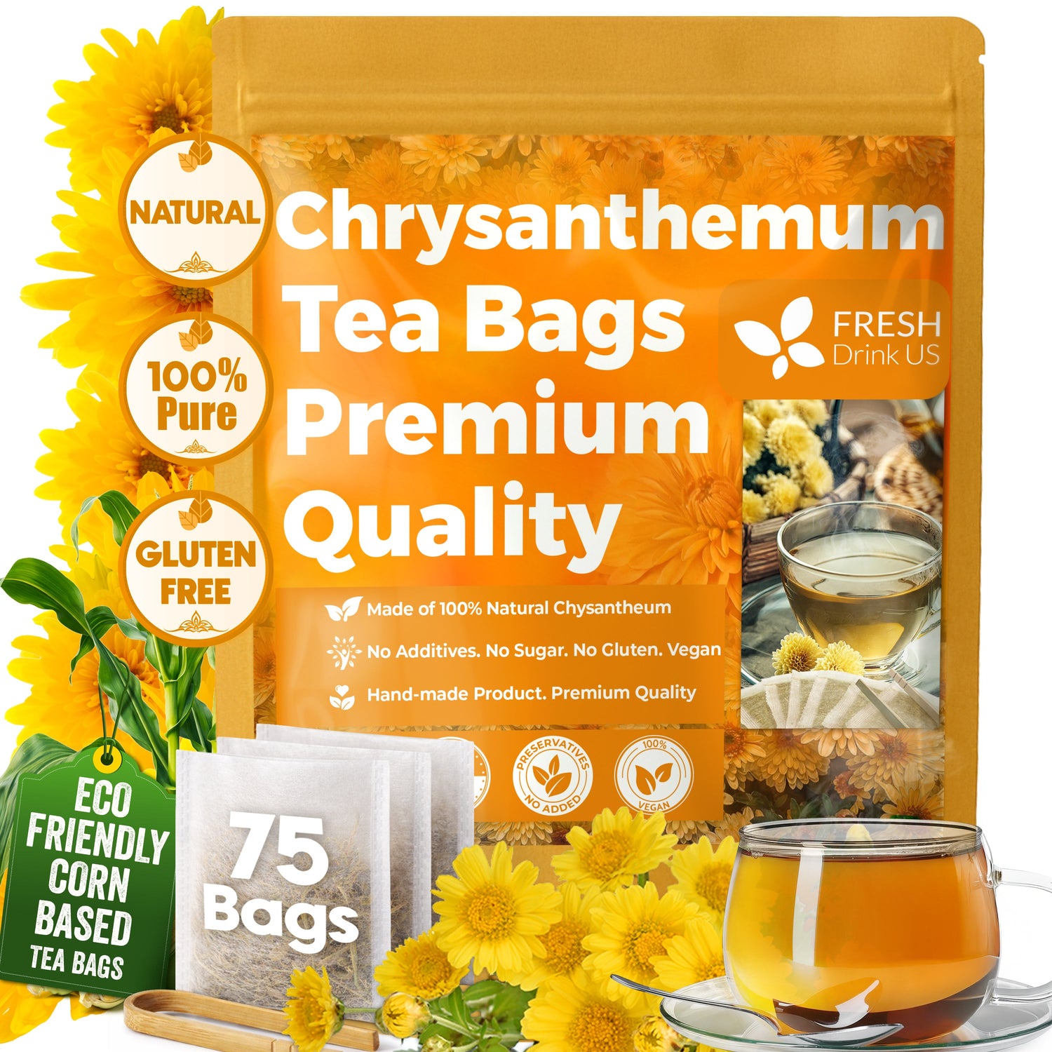Premium 75 Chrysanthemum Flower Tea Bags by FreshDrinkUS - Natural and Premium Herbal Tea