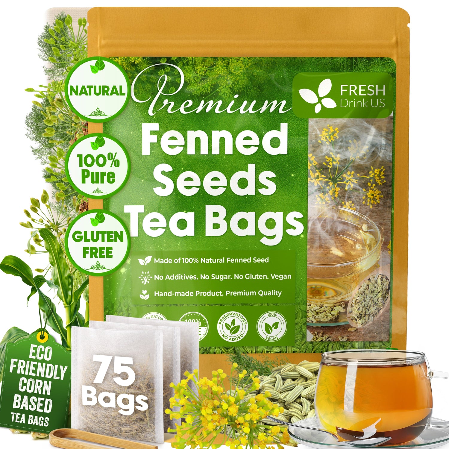 Premium Fennel Tea Bags, 100% Natural &amp; Pure from Fennel Seeds. Fennel Seed Herbal Tea. Fennel Seed Tea. Made with Natural Material Tea Bags. No Sugar, No Caffeine, No Gluten, Vegan. by FreshDrinkUS - Natural and Premium Herbal Tea