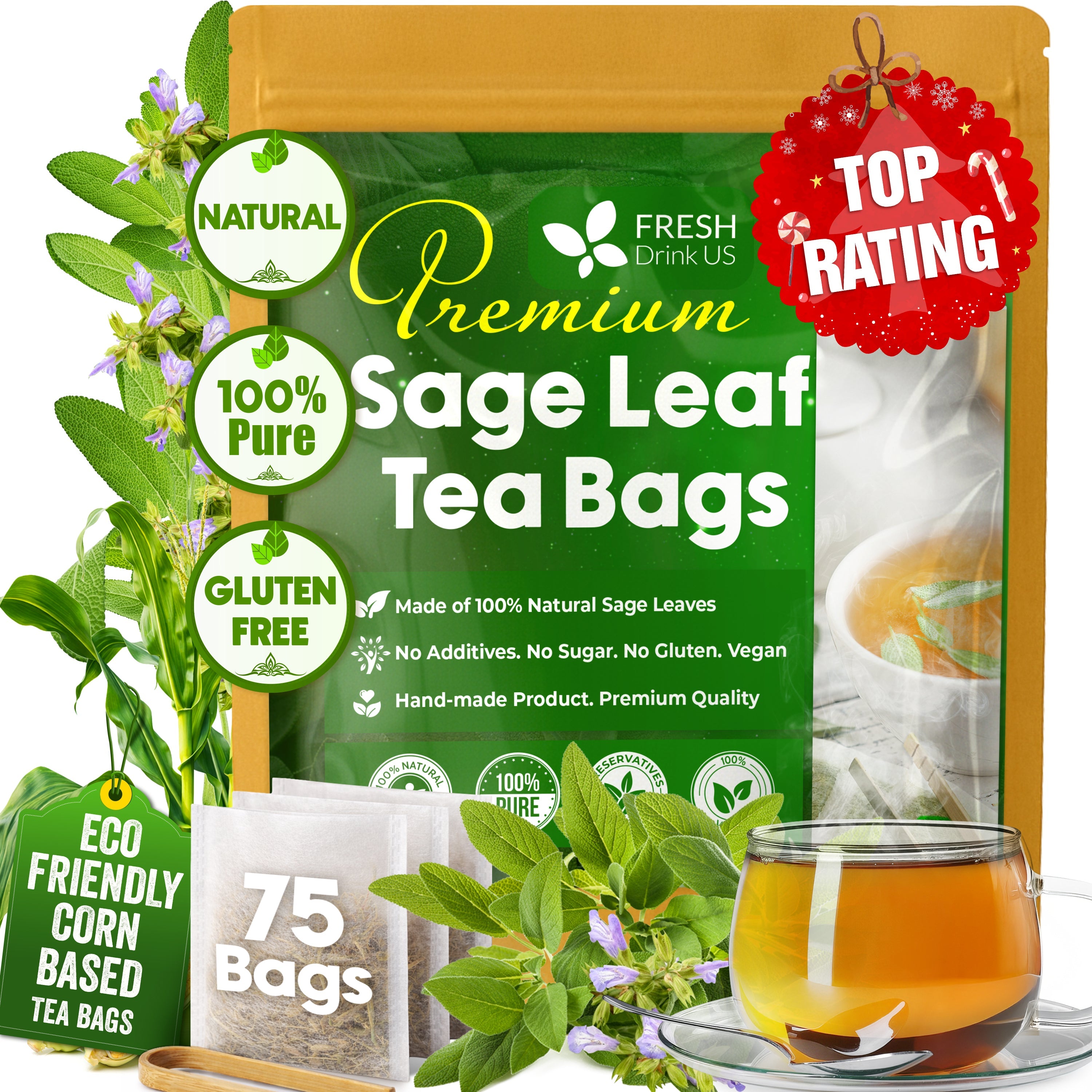 Sage Leaf Tea Bags, 100% Natural &amp; Pure from Sage Leaves. Loose Leaf Sage Herbal Tea. Sage Leaf Tea. Made with Natural Material Tea Bags. No Sugar, No Caffeine, No Gluten, Vegan. by FreshDrinkUS - Natural and Premium Herbal Tea