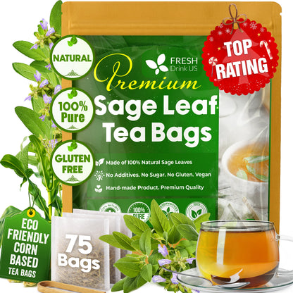 Sage Leaf Tea Bags, 100% Natural &amp; Pure from Sage Leaves. Loose Leaf Sage Herbal Tea. Sage Leaf Tea. Made with Natural Material Tea Bags. No Sugar, No Caffeine, No Gluten, Vegan. by FreshDrinkUS - Natural and Premium Herbal Tea