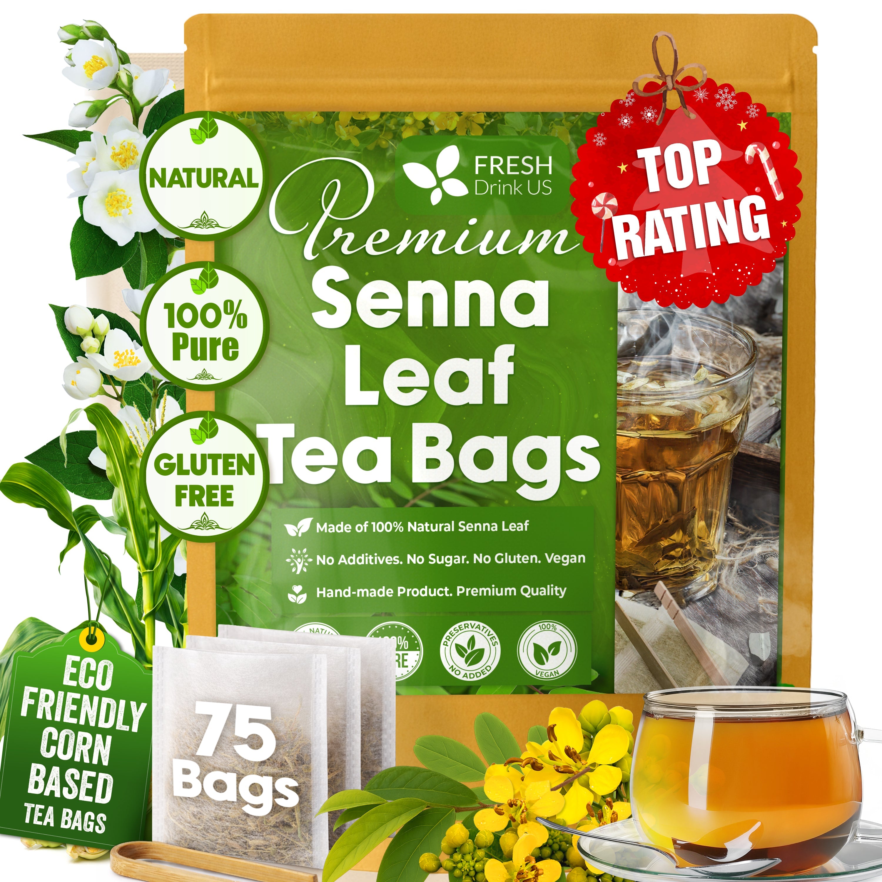 Premium Senna Leaf Tea Bags, 100% Natural &amp; Pure from Senna Leaves. Loose Leaf Senna Herbal Tea, Made with Natural Material Tea Bags, Senna Leaf Tea. No Sugar, No Caffeine, No Gluten, Vegan. by FreshDrinkUS - Natural and Premium Herbal Tea