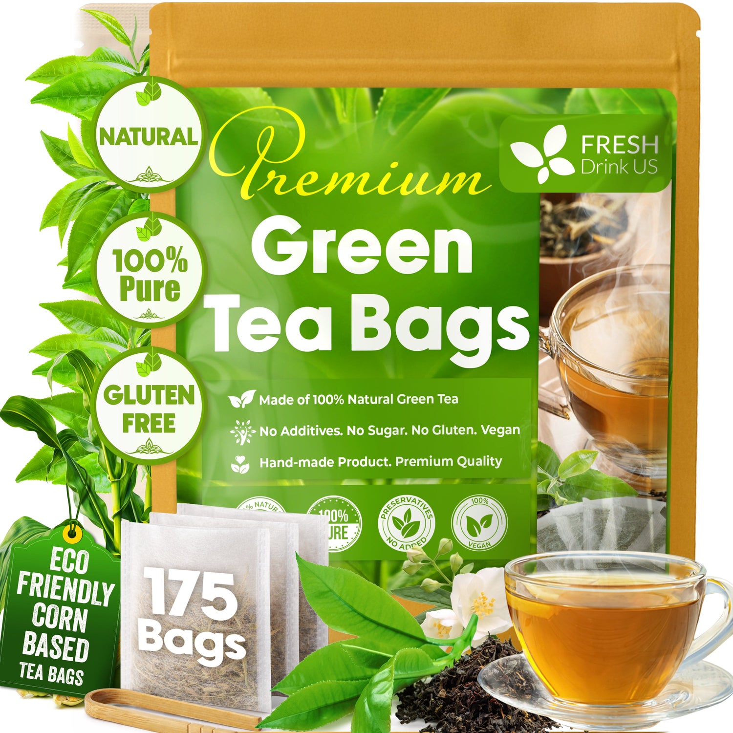 Premium Green Tea Bags, 100% Natural &amp; Pure from Green Tea. Green Herbal Tea. No Sugar, No Gluten, Vegan by FreshDrinkUS - Natural and Premium Herbal Tea