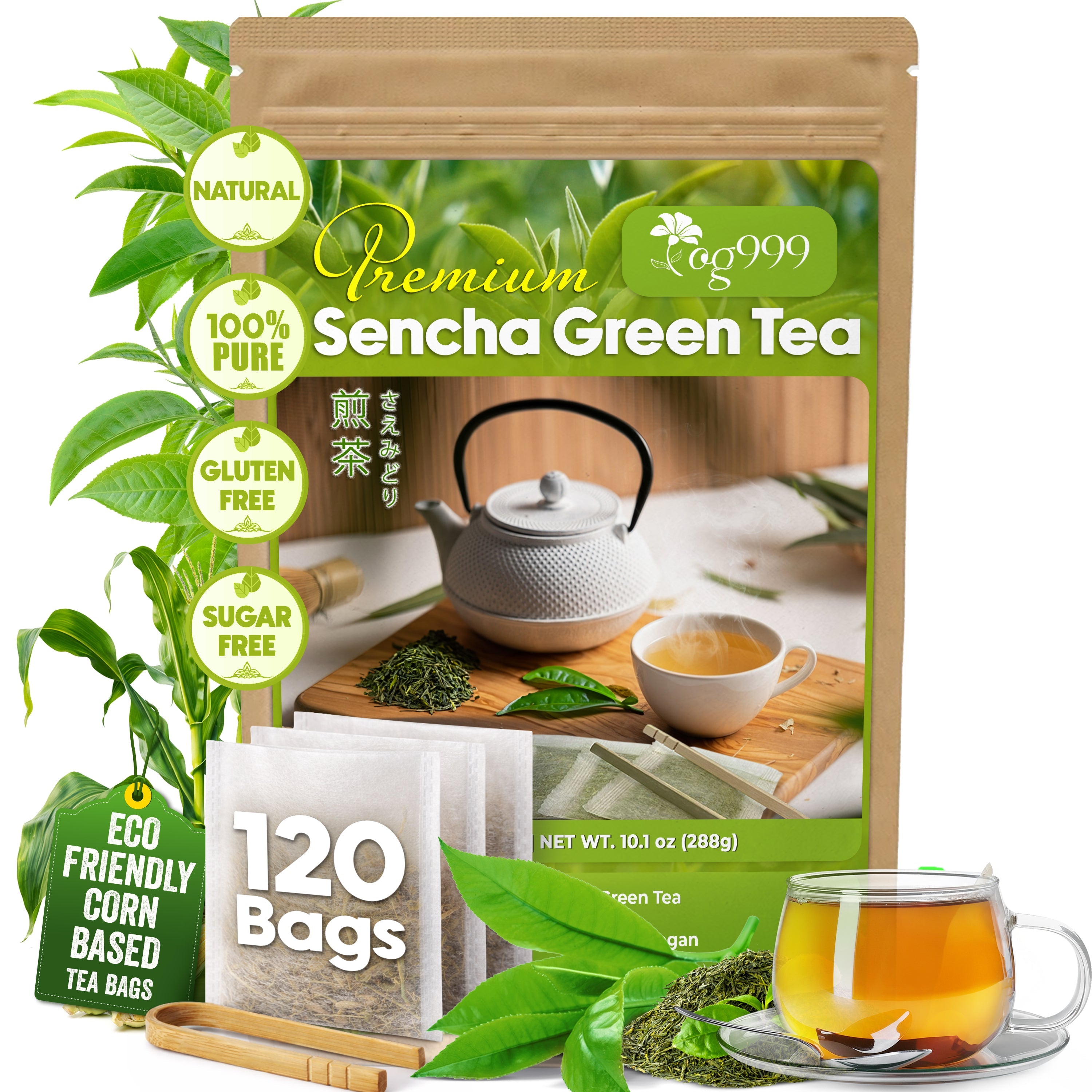 Premium Sencha Green Tea Bags, 100% Natural &amp; Pure from Sencha Green Tea Leaves by FreshDrinkUS - Natural and Premium Herbal Tea