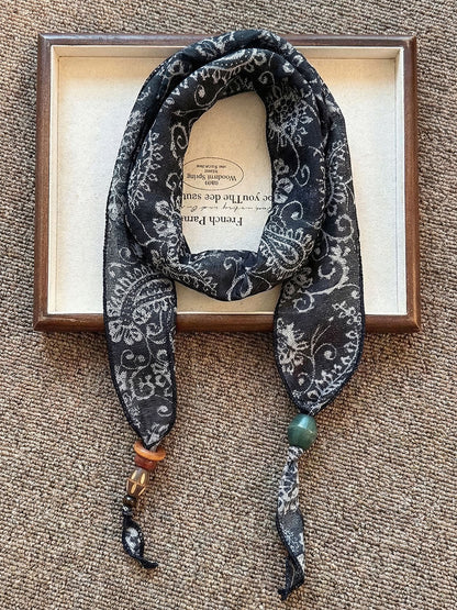 Multi-Functional Floral Satin Scarf With Jade Bead Accents by LINTICO
