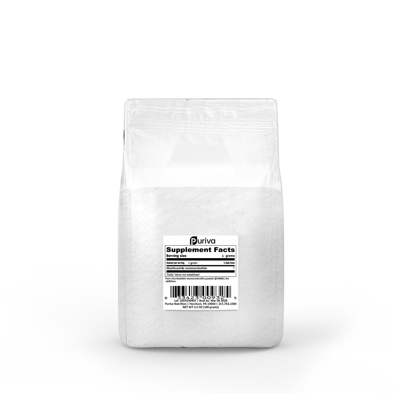 Pure NMN powder (Nicotinamide mononucleotide | β-NMN) NAD+ precursor, 100 grams, scoop included, Puriva Nutrition by Puriva Nutrition