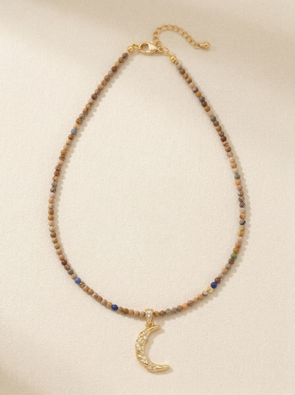 Handmade Natural Stone Beaded Necklace with Moon Pendant by LINTICO