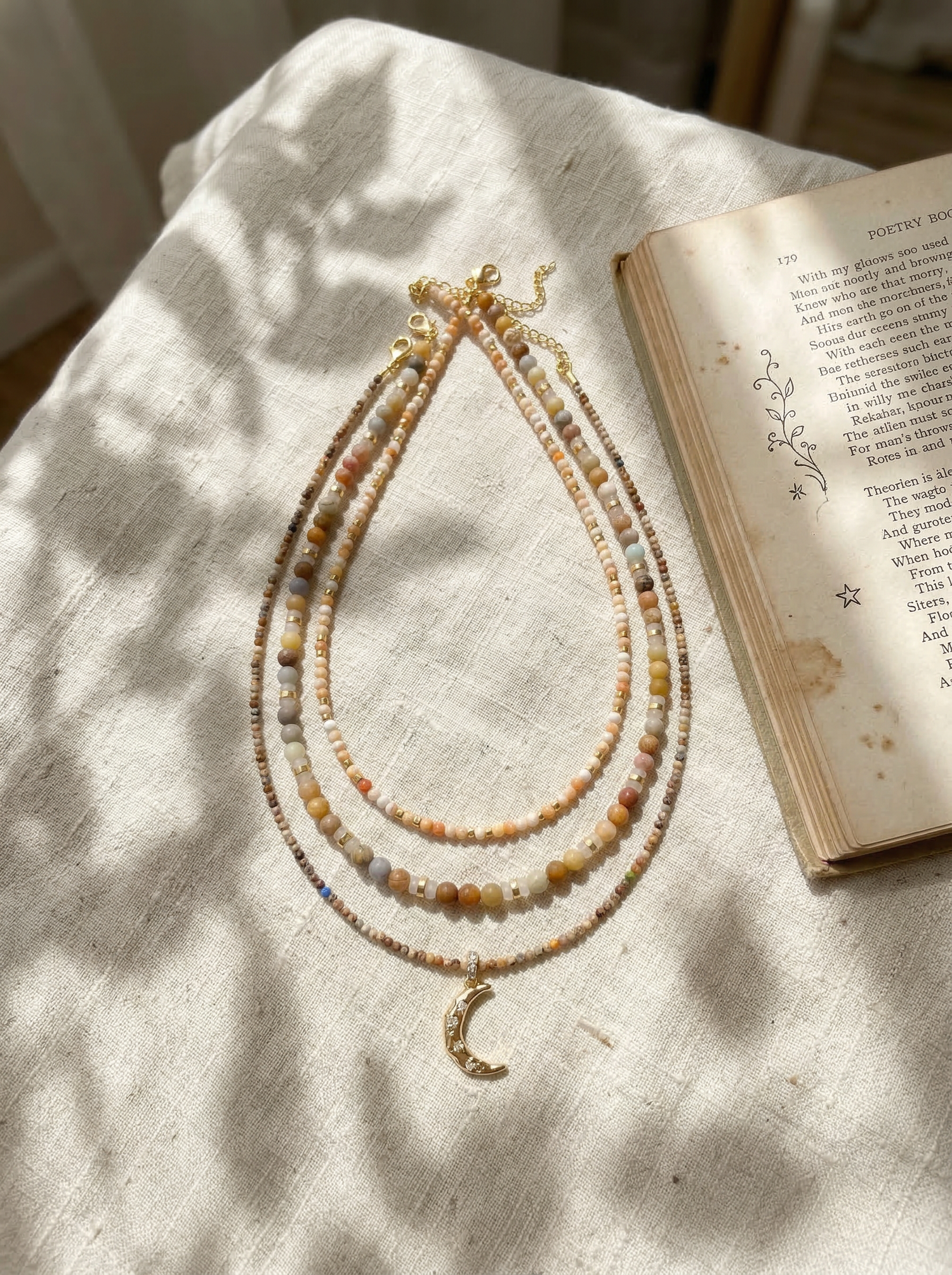 Handmade Natural Stone Beaded Necklace with Moon Pendant by LINTICO