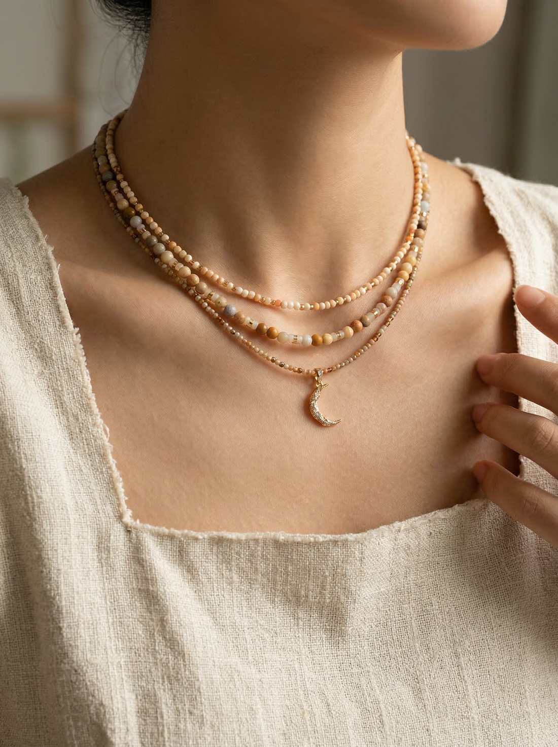 Handmade Natural Stone Beaded Necklace with Moon Pendant by LINTICO