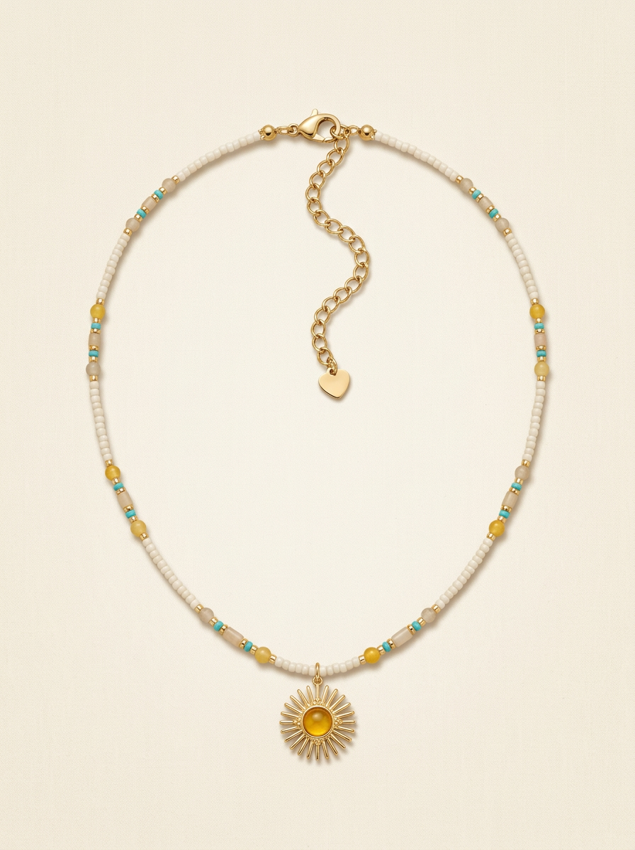 Natural Stone Beaded Necklace with Sun Pendant by LINTICO