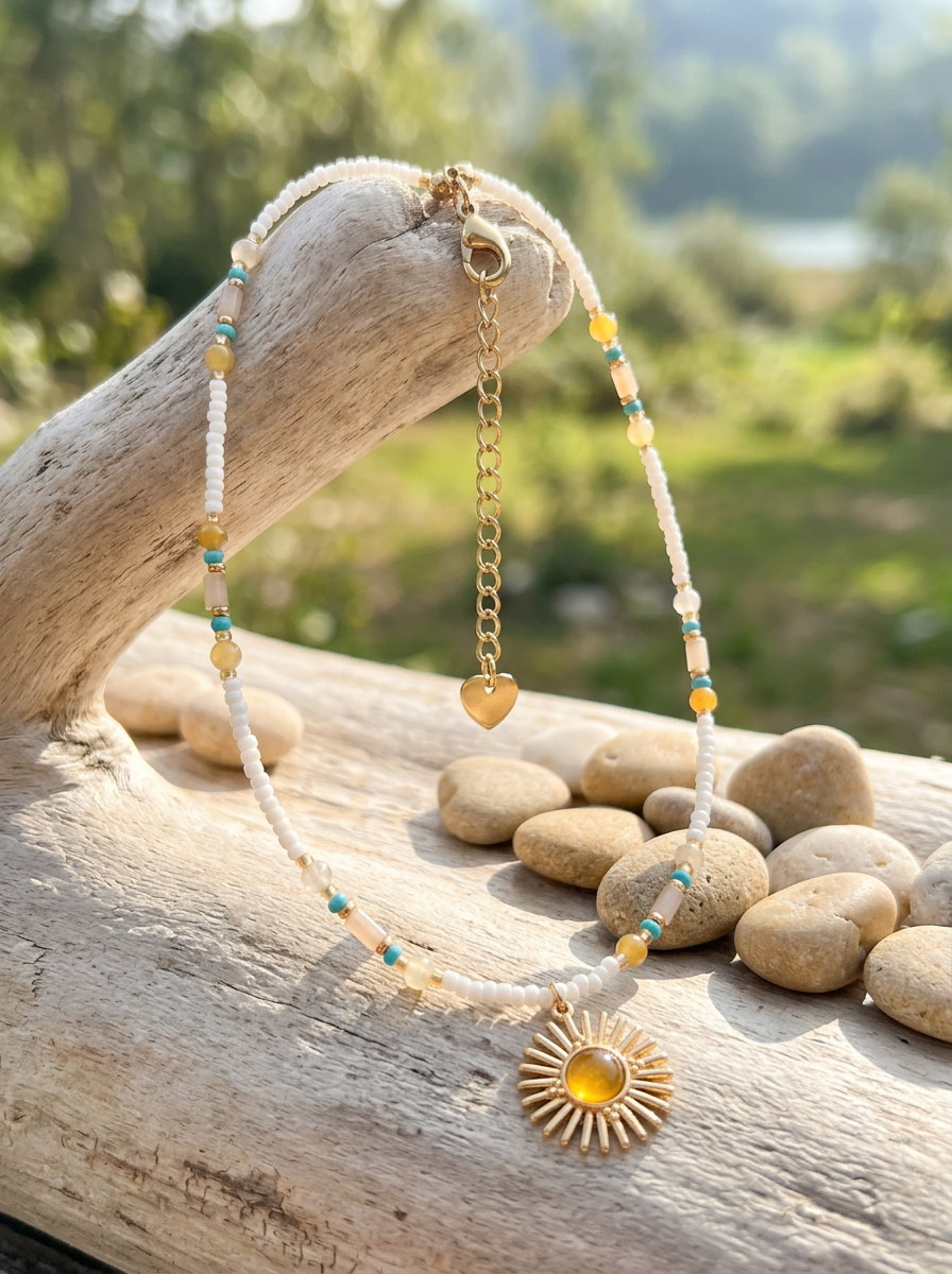 Natural Stone Beaded Necklace with Sun Pendant by LINTICO