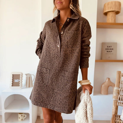 Women Collared Long Sleeve Loose Denim Dress
