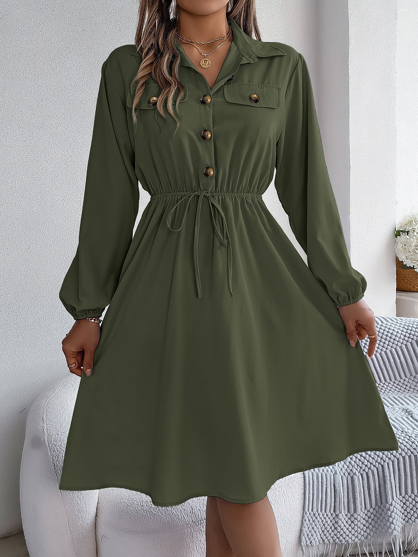 Real Shot Autumn Winter Casual Button Lace up Waist Controlled Long Sleeves Shirt Dress Women Clothing