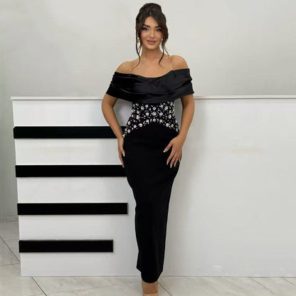 Elegant Slim Fit off Neck Splicing Beads Diamond Embedded Bandage One Piece Dress Party Gathering Dress Group