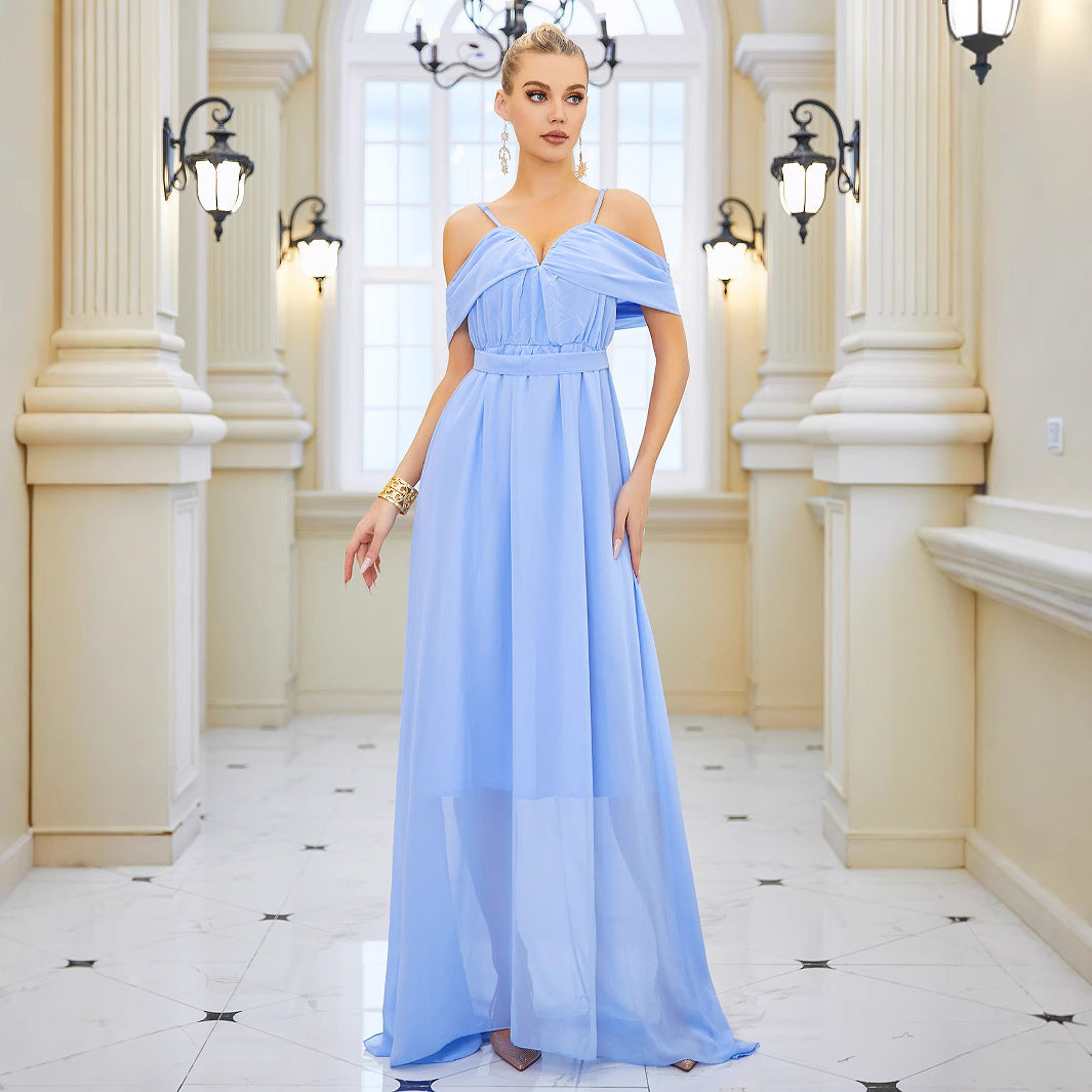 Solid Color Chiffon V neck Strap Long Elegant Slim Long Dress