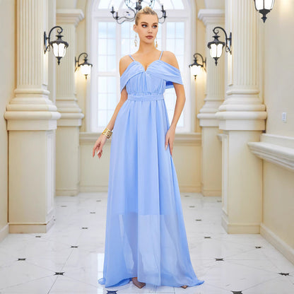 Solid Color Chiffon V neck Strap Long Elegant Slim Long Dress