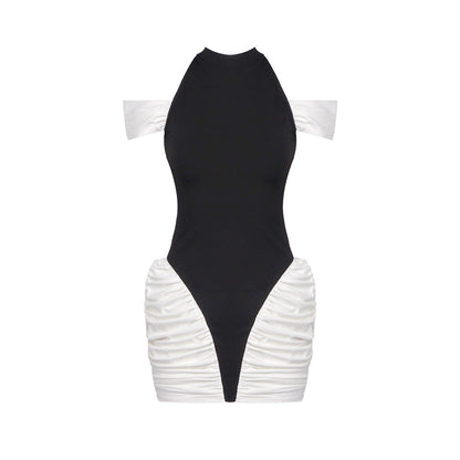 Summer Women Clothing Color Contrast Patchwork Sexy Hourglass Pleated Halter Dress Sleeveless Dress