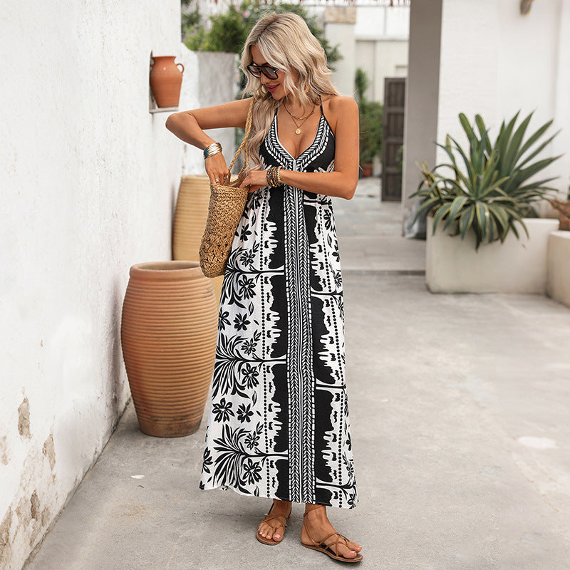 Ethnic Vacation Tropical Plant Printed Halter Dress by Ragazza