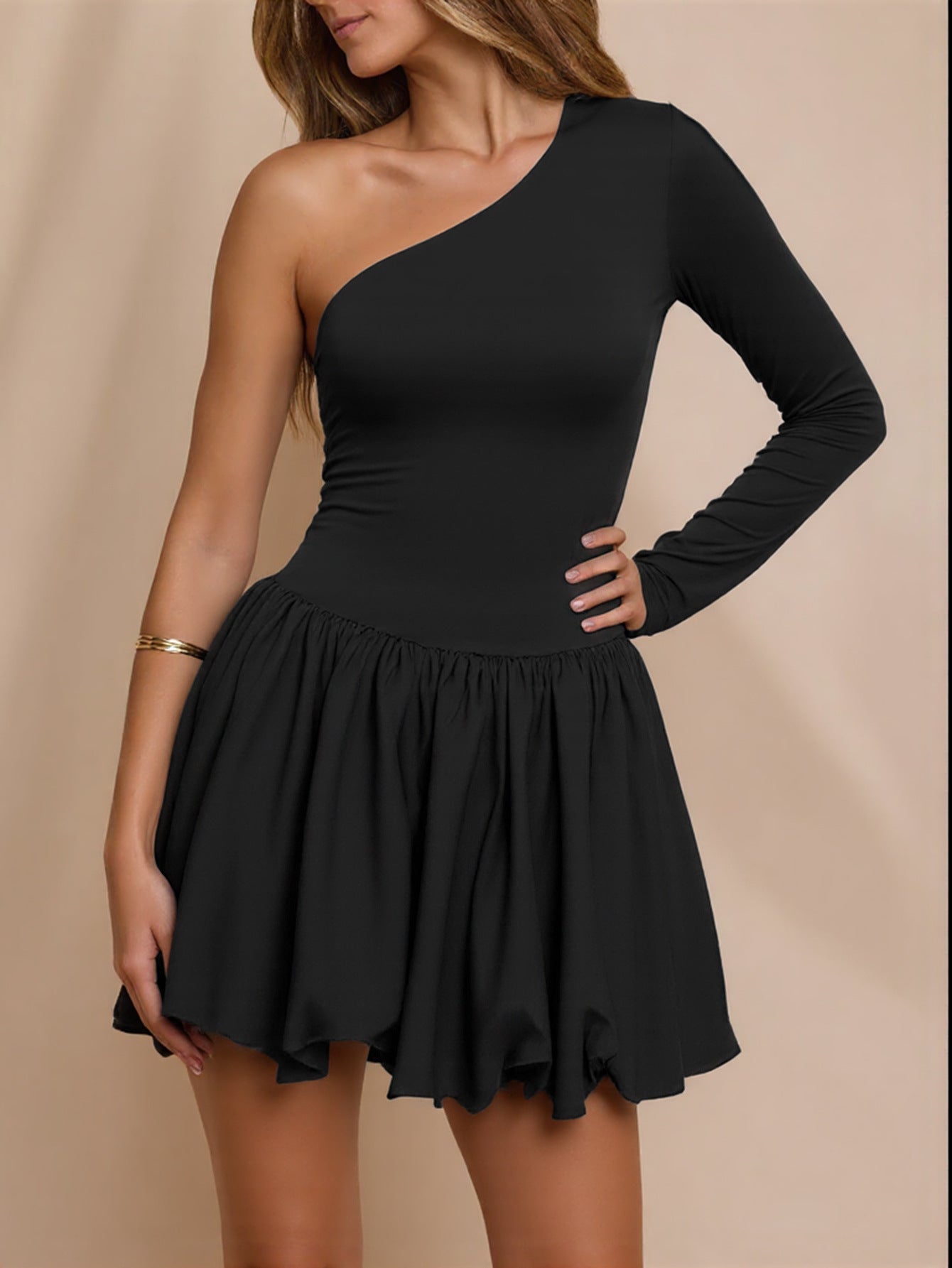 Autumn Solid Color Stitching Pleated Sexy Long Sleeve Shoulder Collar Dress Women Clothing by Ragazza