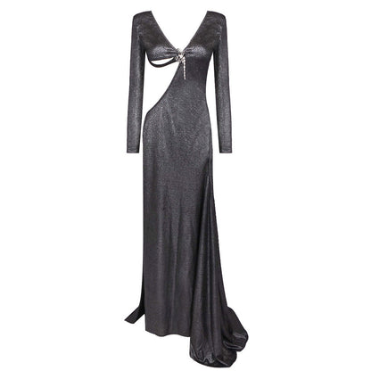 Black Cut out High Elastic Knitted Dress Dress Evening Dress Irregular Asymmetric Sexy Slim Fit