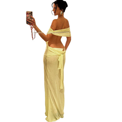 Spring Women Solid Color Sexy Sheer Mesh Design Backless Sheath Dress by Ragazza