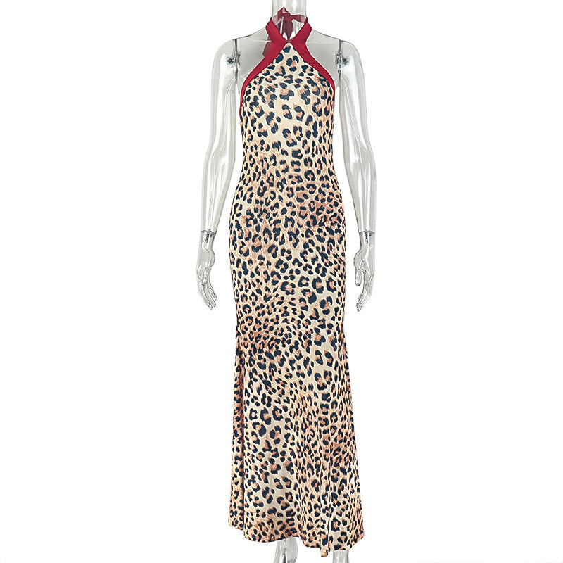 Leopard Print Women Printed Slim Fitting Patchwork Hip Dress Hanging Collar Sleeveless Elegant Street Dress by Ragazza