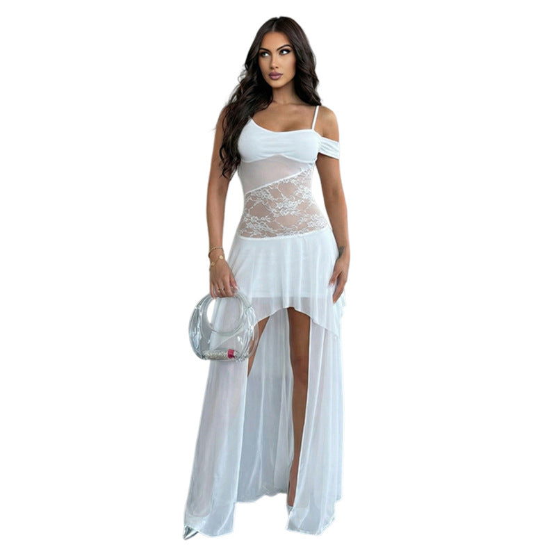 Spring Women Clothing Solid Color Sexy Irregular Asymmetric Low Collar Waist Slim Fit Tied Dress Women by Ragazza