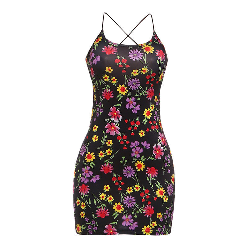 Women Clothing Sexy Cross Halterneck Backless Slim Fit Hollow Out Cutout Printed Dress by Ragazza