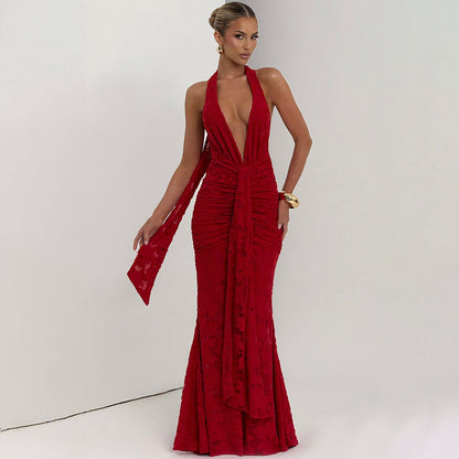 Lace Pleated Maxi Dress Women Sexy Deep V Plunge neck Backless Sheath Dress by Ragazza