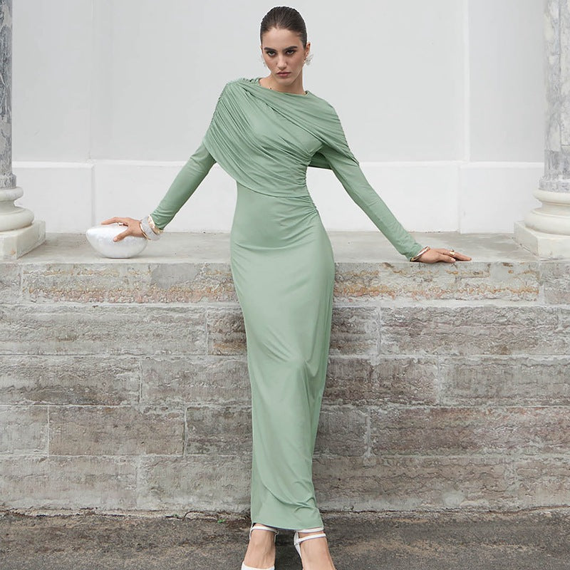 Women Clothing Autumn Fashionable Elegant Slim Fit Crumpled Irregular Asymmetric Solid Color Long Sleeved Dress