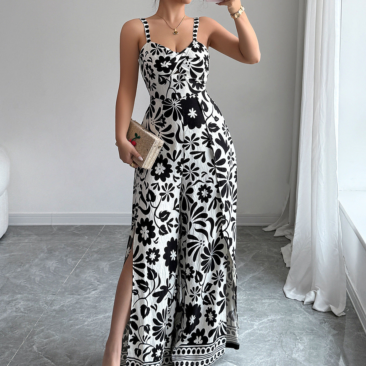 Spring Summer Elegant Twist Print Sling Wide Leg One Piece Long Pants Women Clothing