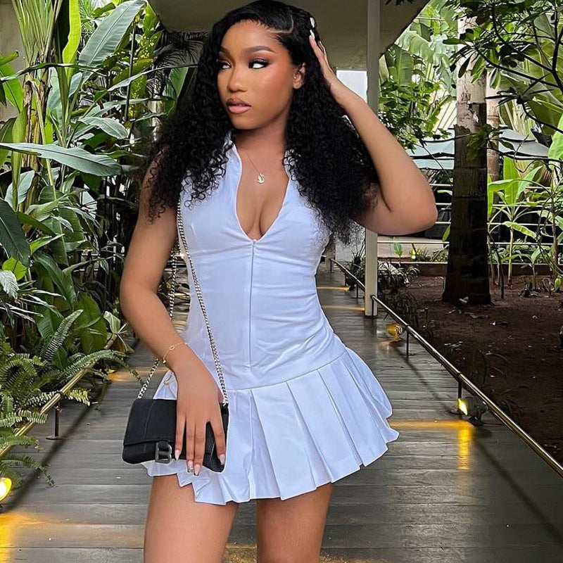 Women Clothing Solid Color Dress Sexy Sleeveless Collared Zipper Casual Pleated Dress