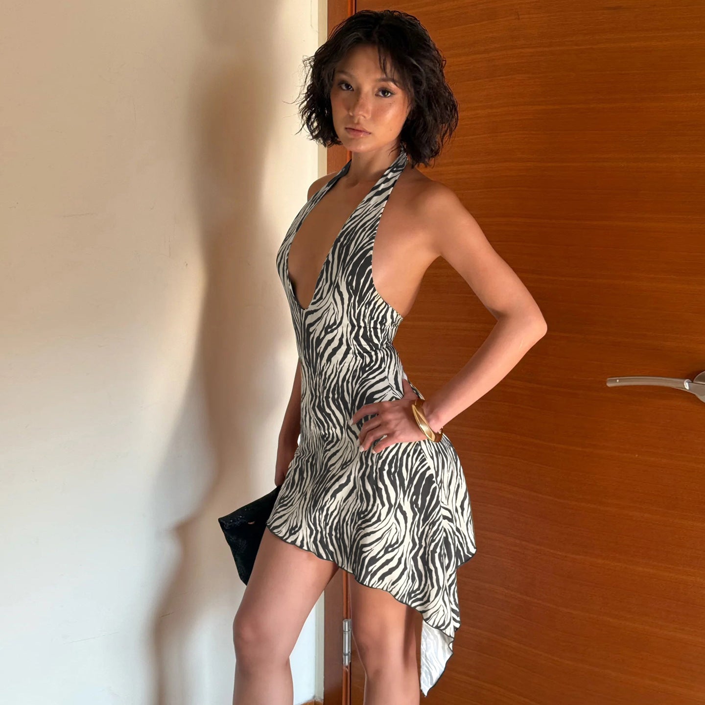 Animal Print Irregular Asymmetric Backless Deep V Plunge Halter Dress Street Sexy by Ragazza
