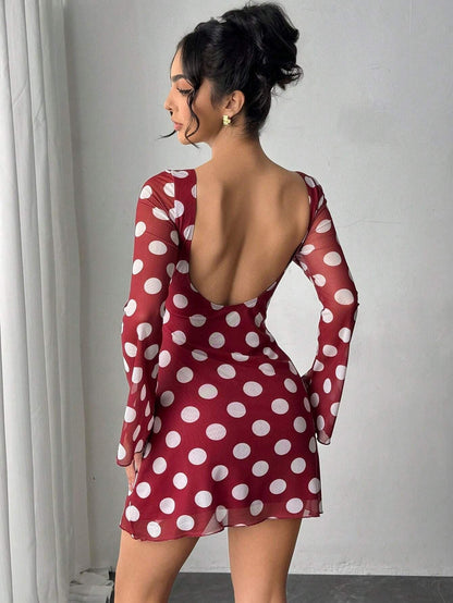 Spring Summer Lady Sexy Polka Dot Backless Mesh Flare Sleeve Mini Dress