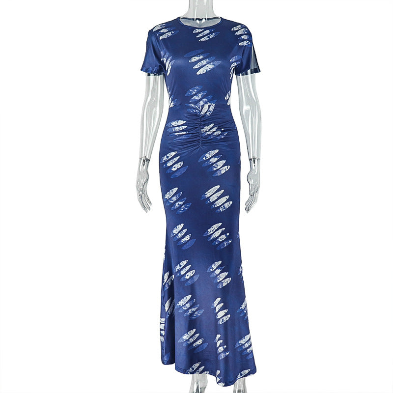 Women Printed Wear Socialite Slim Fit Hip Dress round Neck Short Sleeve Dress