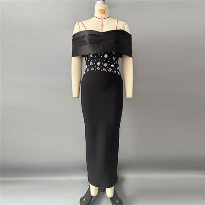 Elegant Slim Fit off Neck Splicing Beads Diamond Embedded Bandage One Piece Dress Party Gathering Dress Group