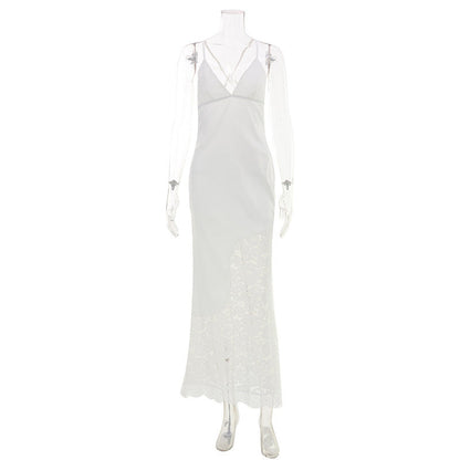 French Elegant Lace V neck Patchwork Strap Dress Hollow Out Cutout Sexy Backless Lace up Evening Dress by Ragazza