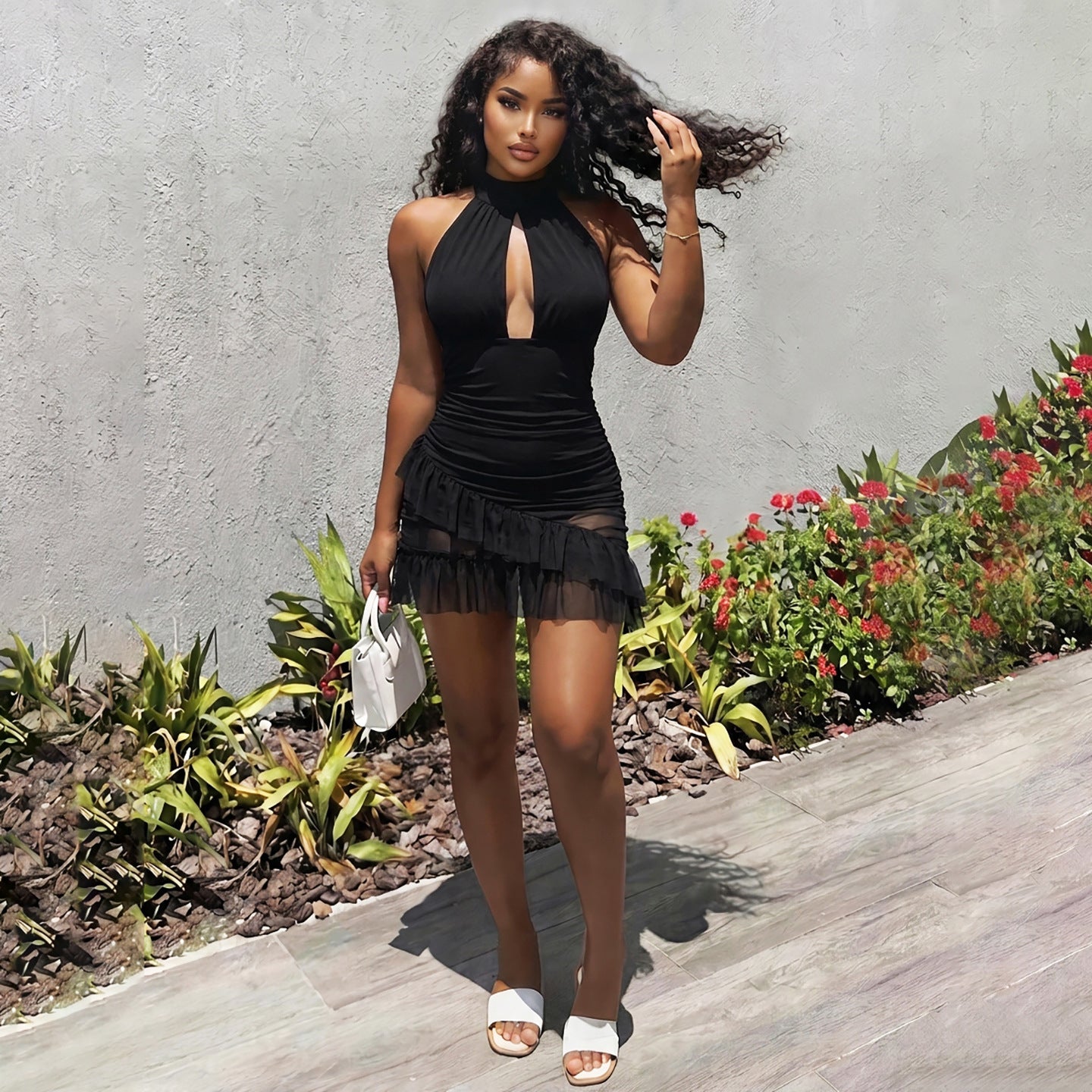 Summer Women Clothing Halter Backless Sexy Cutout See through Ruffled Sexy Sheath Dress by Ragazza